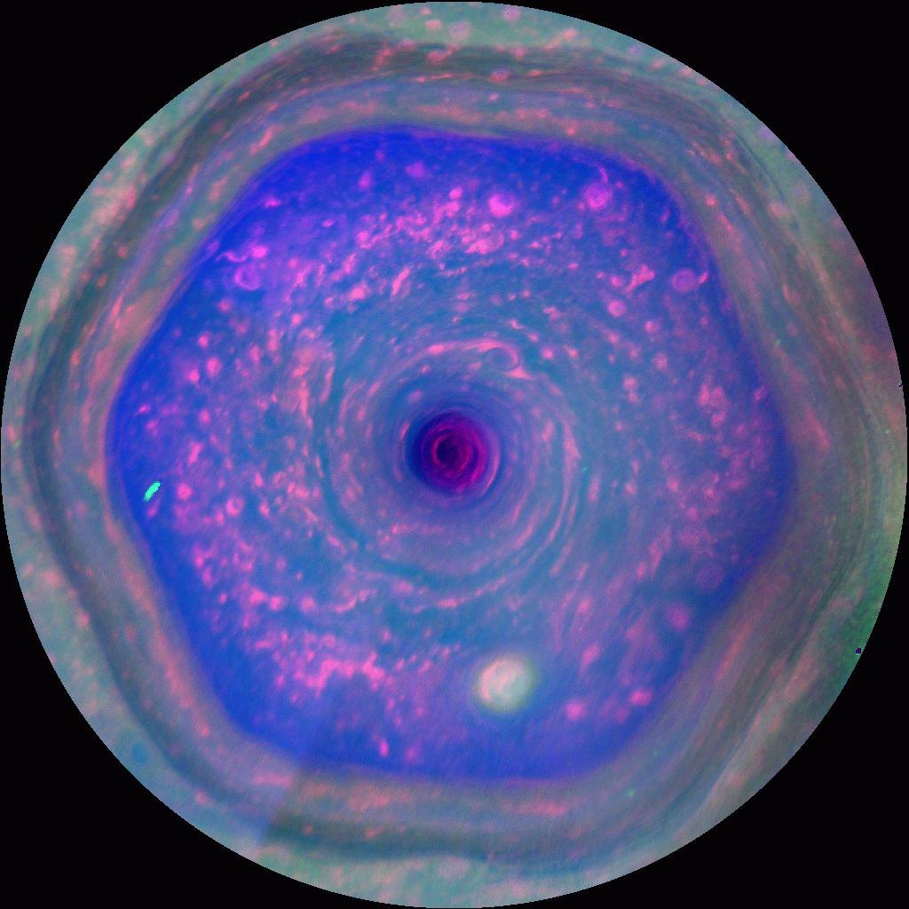 增强色影像中的土星北极六边形急流